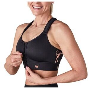 Shefit Black Metallic Gold Flex Sports Bra Zip Front Adjustable Workout 4Luxe